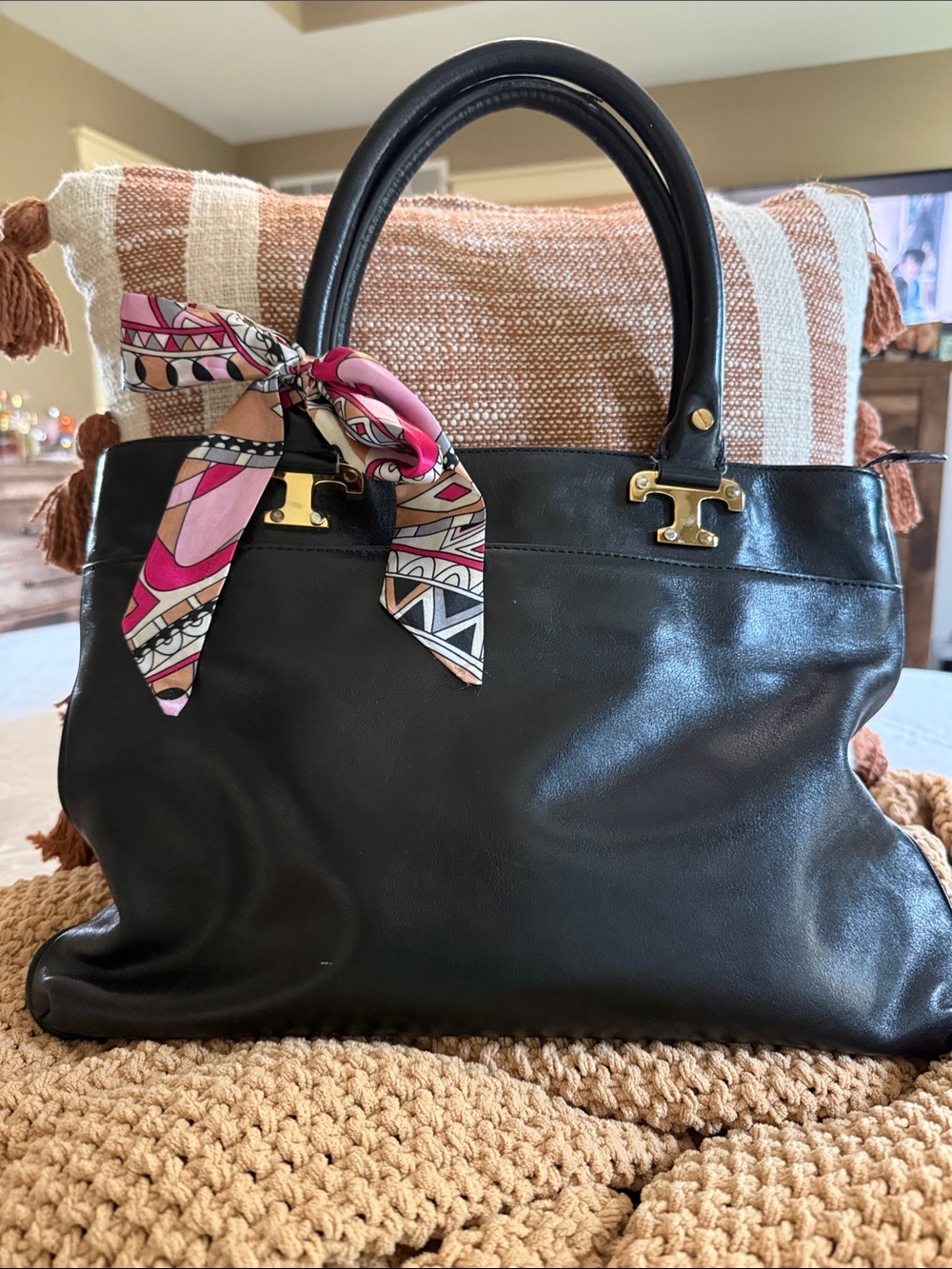 Tory Burch Black Leather Satchel with Pink Patterned Scarf